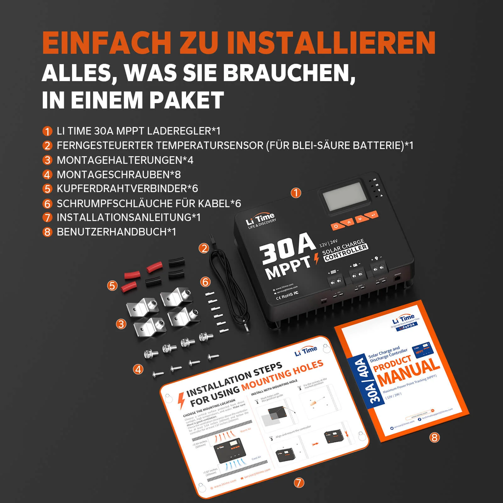 ă0% MwSt.ăLiTime 30A MPPT 12V/24V Auto DC Input Solarladeregler mit Bluetooth Adapter - Image 6
