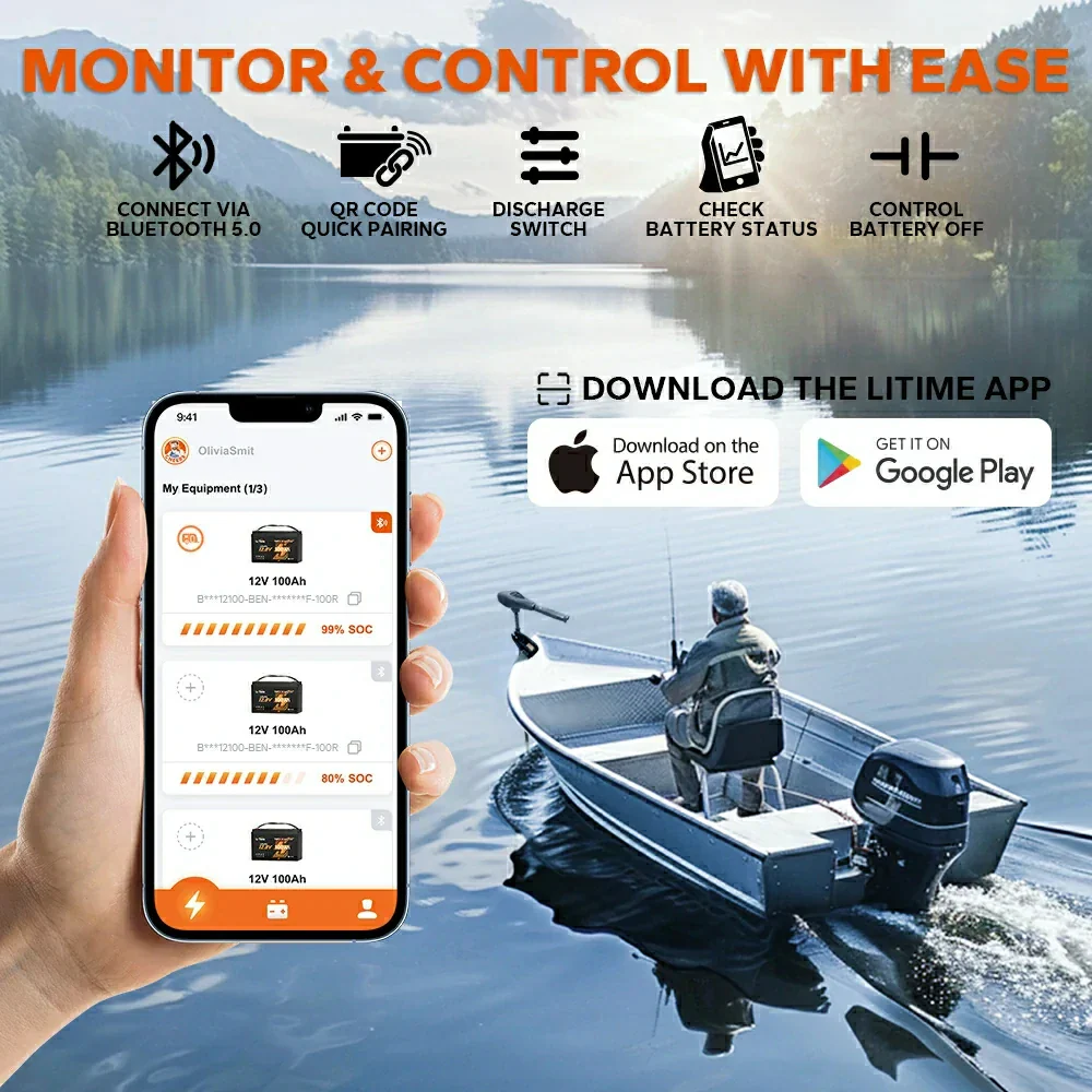 LiTime 12V 100Ah Smart LiFePO4 Marine-Batterie für elektrischen Außenbord-Trolling-Motor - Image 7