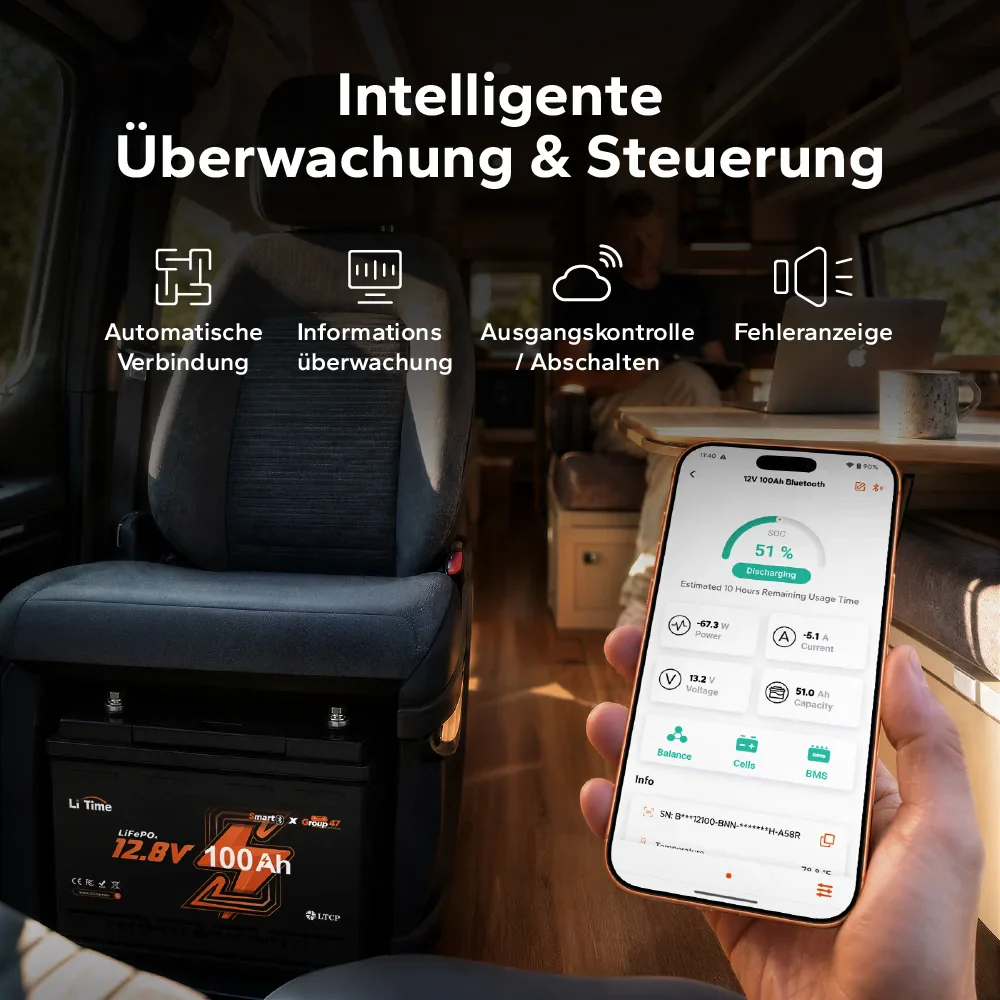 【Vorbestellung】12V 100Ah LiFePO4 Batterie H168 mit Bluetooth – ultraflach für Wohnmobil‑Untersitz - Image 7