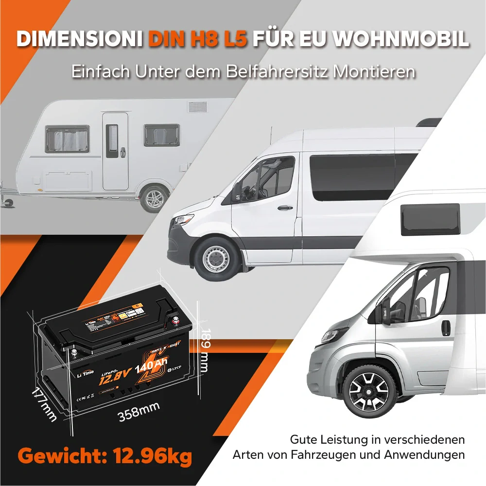 12V LiFePO4 140Ah Deep Cycle Lithium-Batterie mit Bluetooth – DIN H8 L5 (Group 49), passend für Wohnmobil-Untersitz - Image 6
