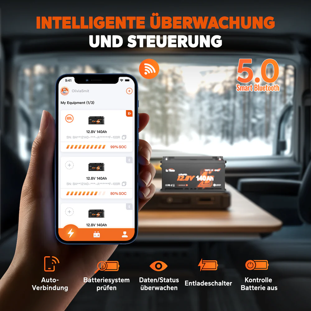 12V LiFePO4 140Ah Deep Cycle Lithium-Batterie mit Bluetooth – DIN H8 L5 (Group 49), passend für Wohnmobil-Untersitz - Image 8