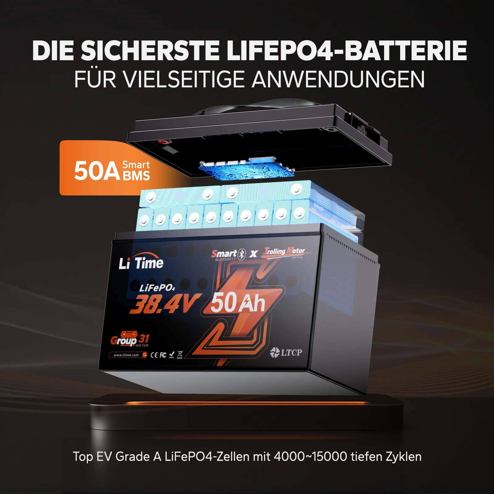LiTime 36V 50Ah Bluetooth Deep Cycle Lithium Batterie – Group 31 für 120lb Trolling Motor & Marine - Image 6