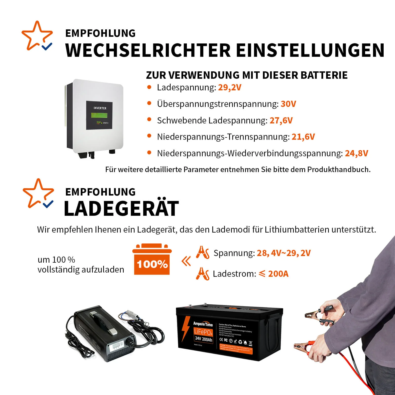 Ampere Time 24V 200Ah 5.12kWh Tiefzyklus LiFePO4 Batterie mit längerer Laufzeit, integriertem 200A BMS - Image 4