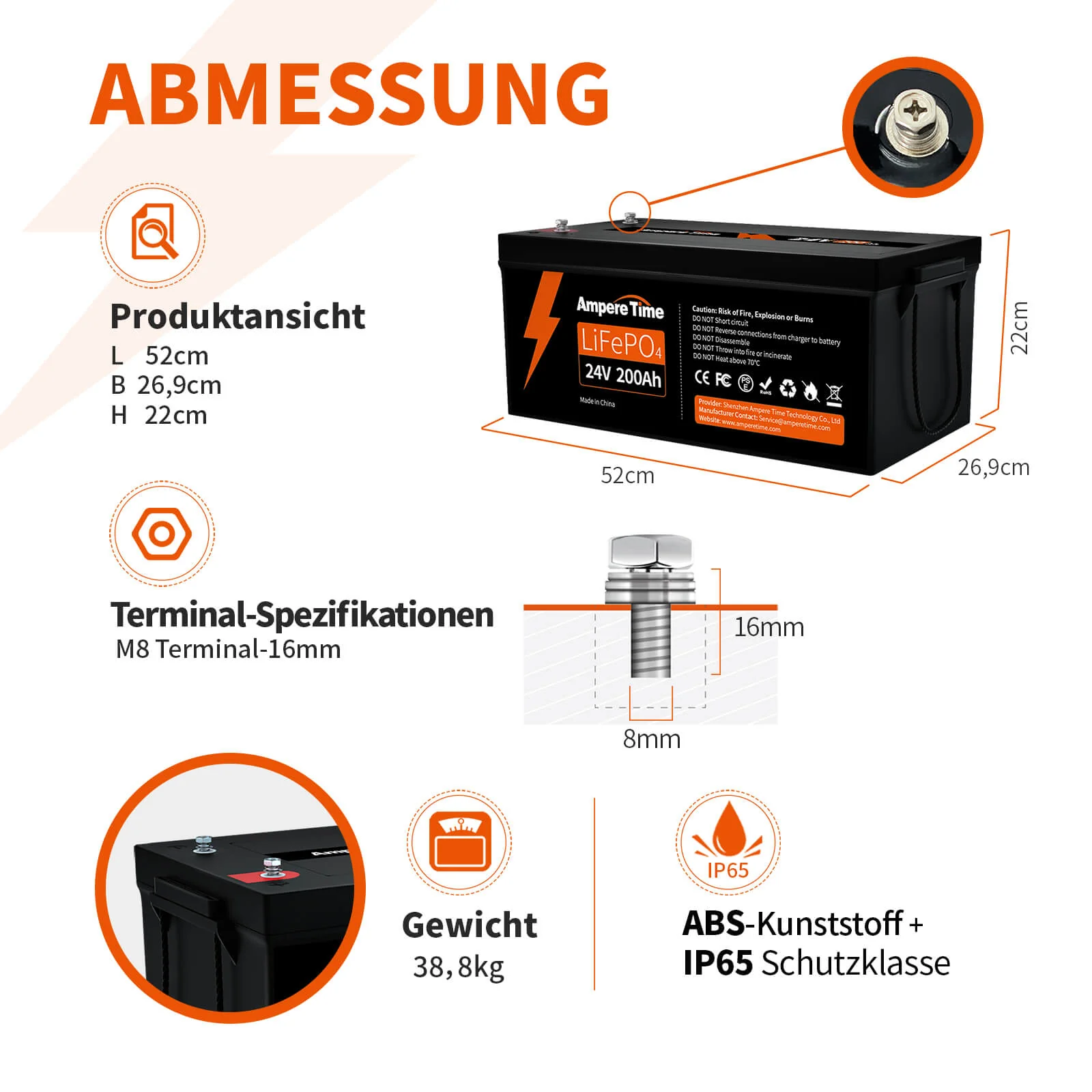 Ampere Time 24V 200Ah 5.12kWh Tiefzyklus LiFePO4 Batterie mit längerer Laufzeit, integriertem 200A BMS - Image 5