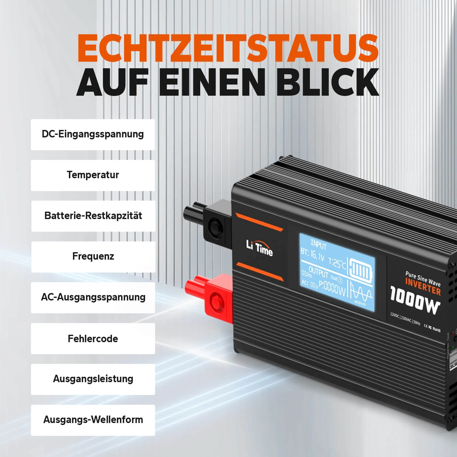 [Gebraucht-Like New] LiTime 1000W Reiner Sinsuswellen Wechselrichter 12VDC zu 230VAC Konverter - Image 4