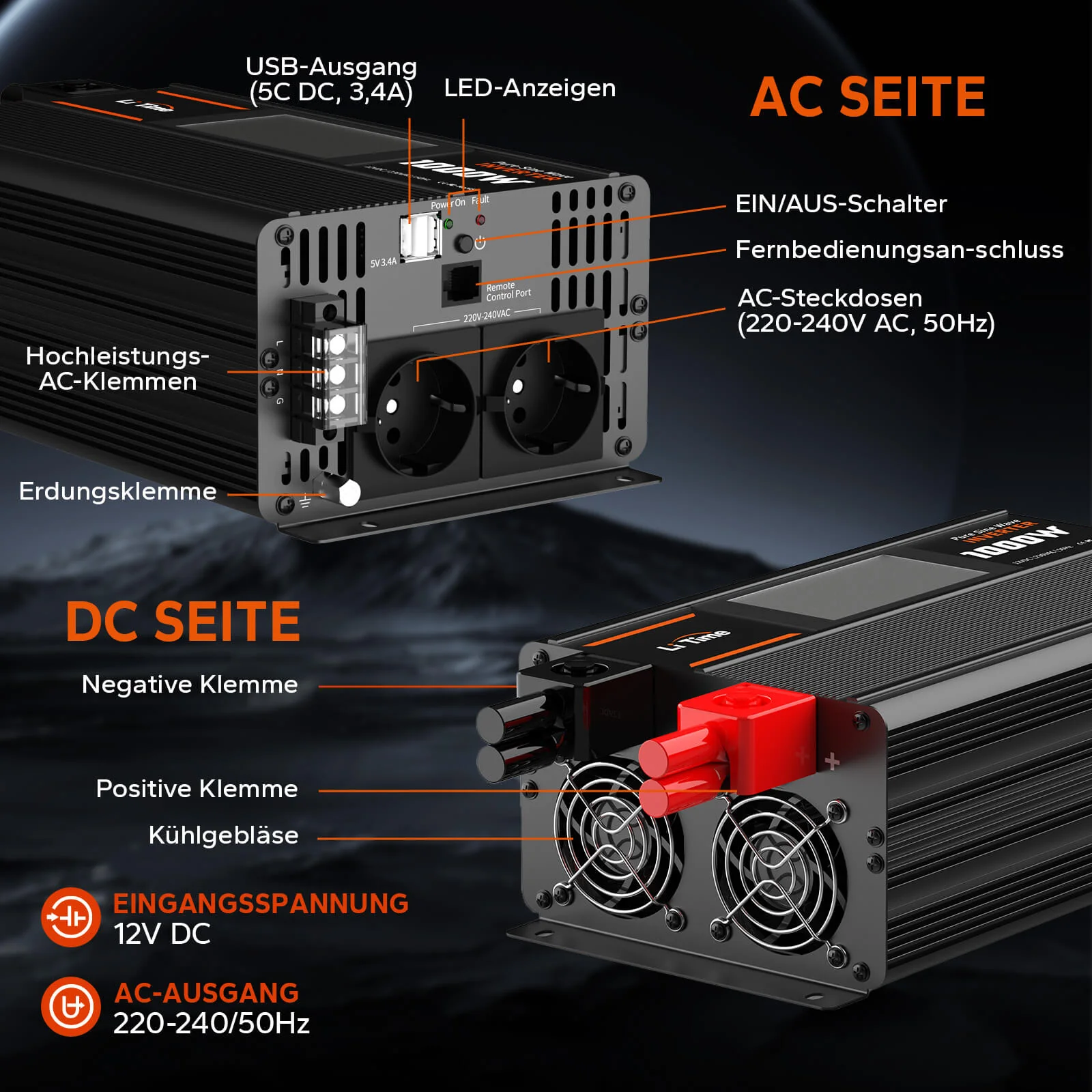 [Gebraucht-Like New] LiTime 1000W Reiner Sinsuswellen Wechselrichter 12VDC zu 230VAC Konverter - Image 5
