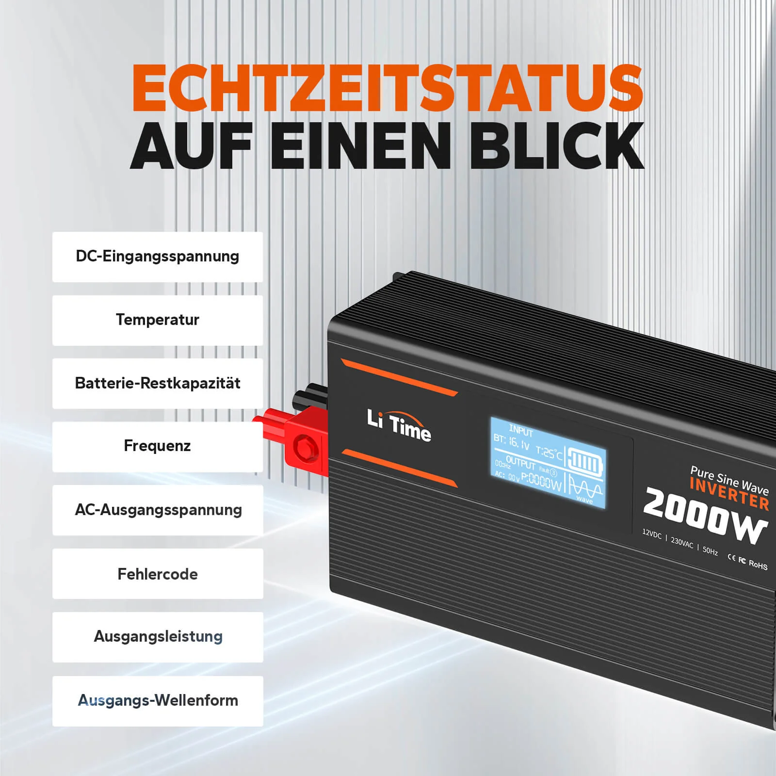 [Gebraucht-Like New] LiTime 2000W Reiner Sinsuswellen Wechselrichter 12VDC zu 230VAC Konverter - Image 4