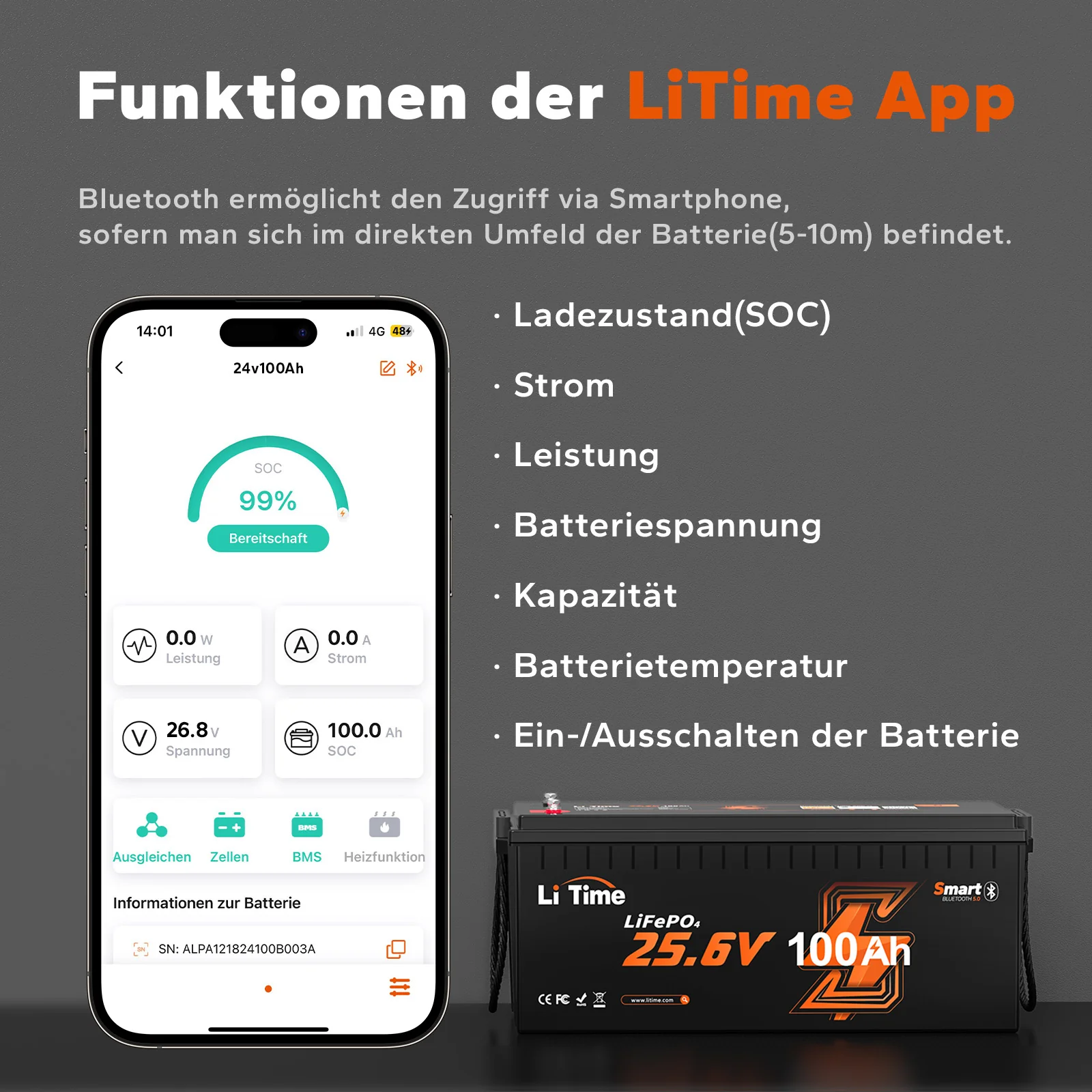 LiTime 24V 100Ah LiFePO4 Batterie mit Bluetooth – für Trolling-Motor & Heimspeicher - Image 3
